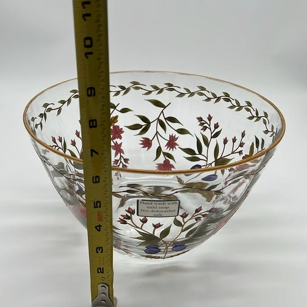 Crystal Clear Industries Hand Painted “Amelia” 11” Bowl With 22kt Gold Floral